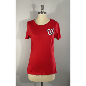 Womens MLB Washington Nationals Baseball Majestic Crewneck Fitted Shirt Red Sz L